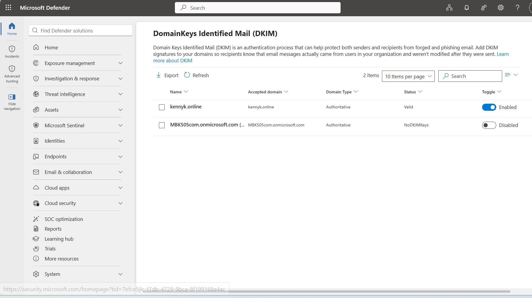 DKIM List in Defender